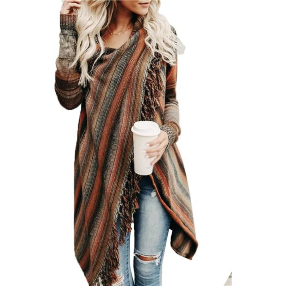Women's Open Front Knited Tassels Slash Loose Cardigan Crew Neck Speckled Fringe